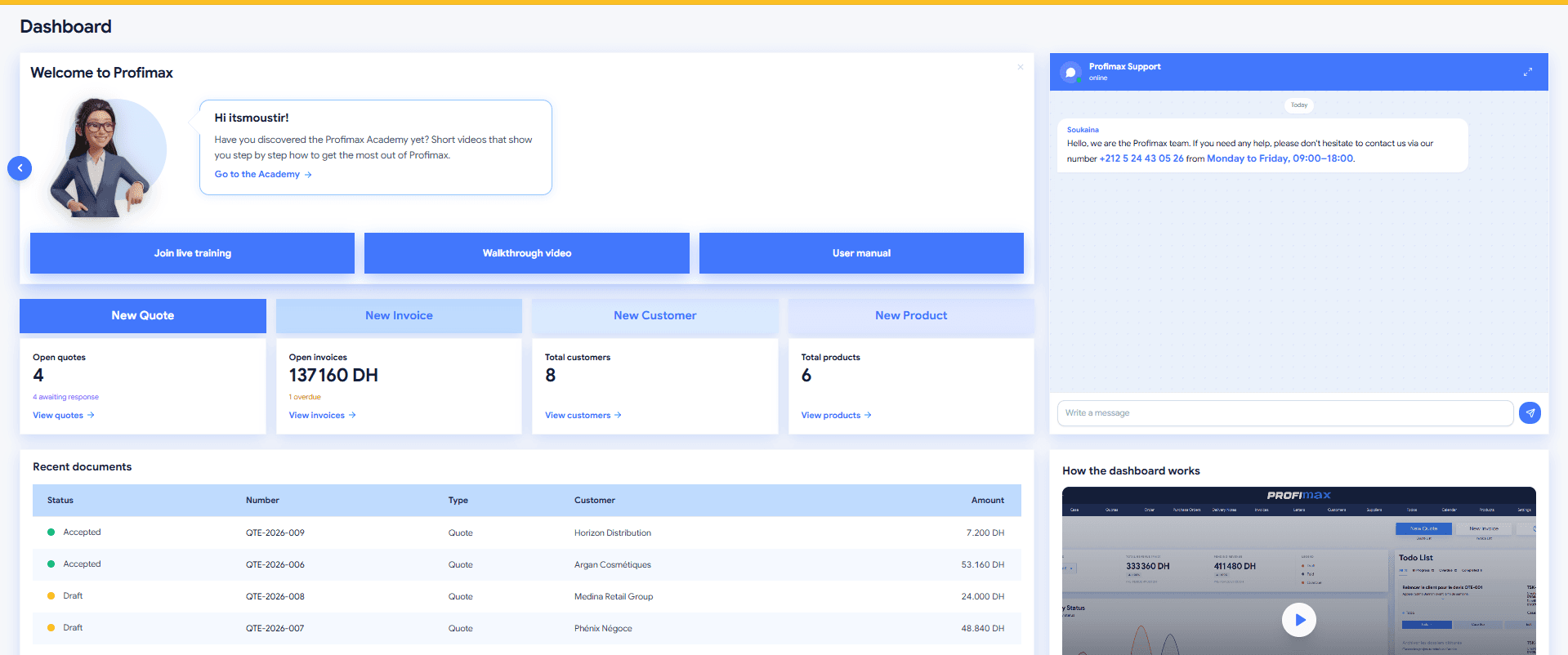 ProfiMax invoicing and business management dashboard for Morocco